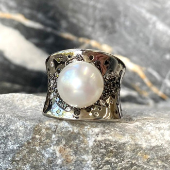 14MM Pearl Wide Cigar Band Modern Statement Ring