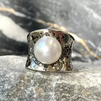 14MM Pearl Wide Cigar Band Modern Statement Ring