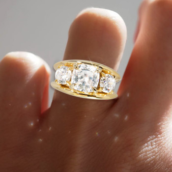 5.6ct Cushion Cut Gold Tone Three Stone Engagement Ring