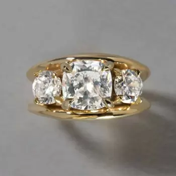 5.6ct Cushion Cut Gold Tone Three Stone Engagement Ring