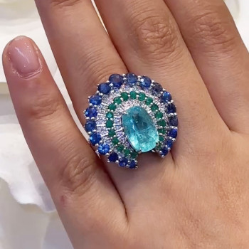 4ct Cushion Cut Paraiba Peacock Inspired Cocktail Ring