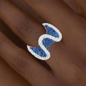 6ctw White and Blue Sapphire Paved Wave Cocktail Ring