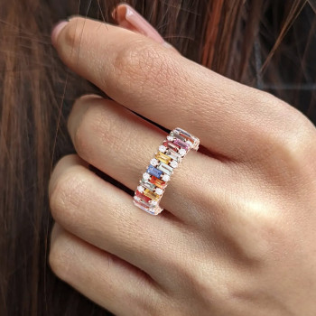 4ctw Baguette Cut Rainbow Sapphrie Eternity Ring