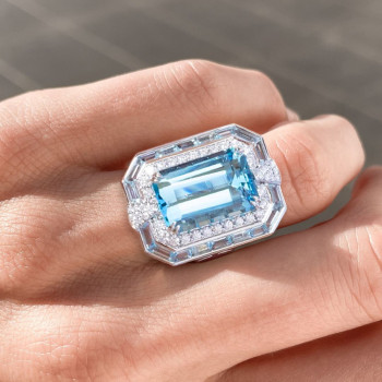 6ct Emerald Cut Aquamarine Vintage Halo Cocktail Ring