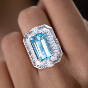 6ct Emerald Cut Aquamarine Vintage Halo Cocktail Ring