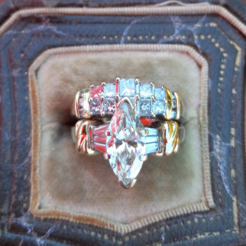 1.5ct Marquise Cut Vintage Two Tone Wedding Ring Set