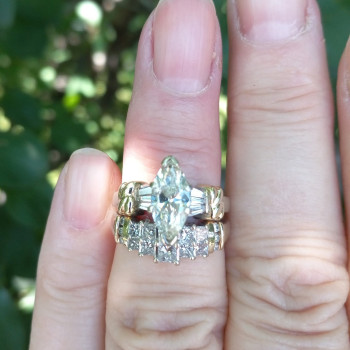 1.5ct Marquise Cut Vintage Two Tone Wedding Ring Set