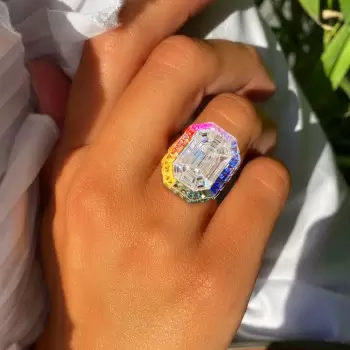 12ctw Emerald Cut Rainbow Halo Cocktail Ring