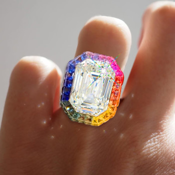8.4ct Emerald Cut White Sapphire Rainbow Halo Cocktail Ring