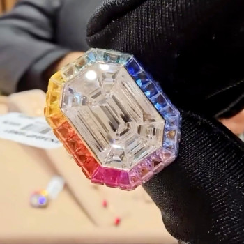 12ctw Emerald Cut Rainbow Halo Cocktail Ring