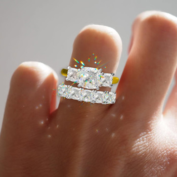 3ct Cushion Cut Three Stone Two Tone Wedding Ring Set