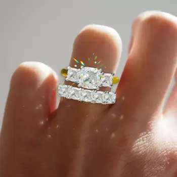 3ct Cushion Cut Three Stone Two Tone Wedding Ring Set