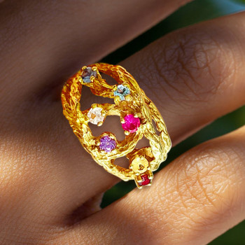 Round Cut Multicolor Sapphire Cluster Texture Floral Ring