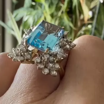 14ct Emerald Cut Aquamarine Cluster Halo Cocktail Ring