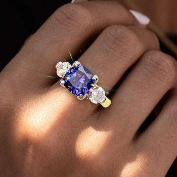4ct Cushion Cut Blue Sapphire Two Tone Three Stone Ring