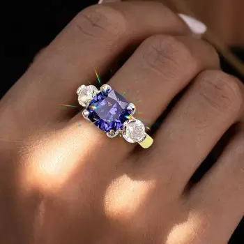 4ct Cushion Cut Blue Sapphire Two Tone Three Stone Ring