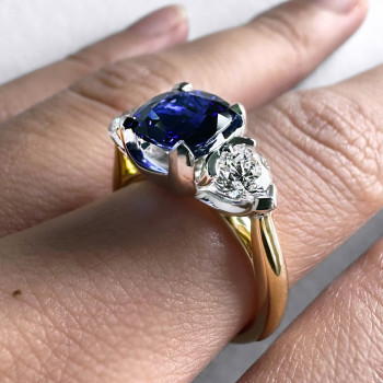4ct Cushion Cut Blue Sapphire Two Tone Three Stone Ring