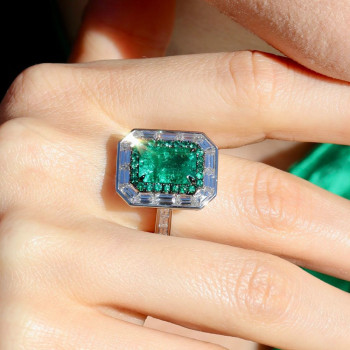 5.3ct Emerald Cut Emerald Halo Cocktail Ring