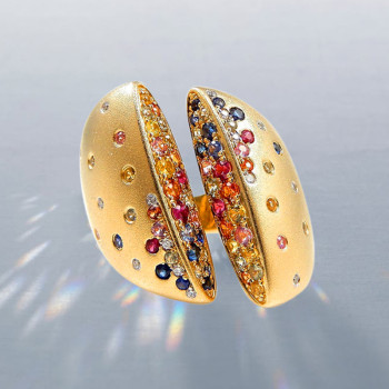 Flush Set Rainbow Sapphire Split Shank Cocktail Ring