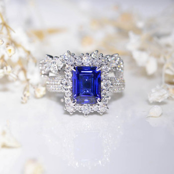 4ct Emerald Cut Blue Sapphire Vintage Lace Wedding Ring Set
