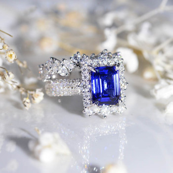 4ct Emerald Cut Blue Sapphire Vintage Lace Wedding Ring Set