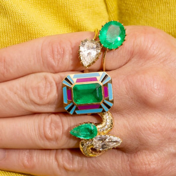 5ct Emerald Cut Emerald Multicolor Enamel Cocktail Ring