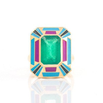 5ct Emerald Cut Emerald Multicolor Enamel Cocktail Ring