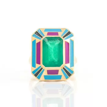5ct Emerald Cut Emerald Multicolor Enamel Cocktail Ring