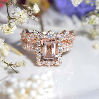 4ct Morganite Pink Sapphire Vintage Lace Wedding Ring Set