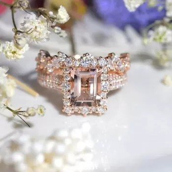 4ct Morganite Pink Sapphire Vintage Lace Wedding Ring Set