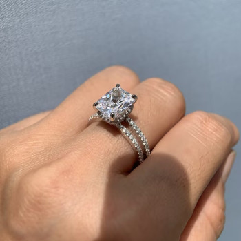 4ct Emerald Cut White Sapphire Double Band Engagement Ring