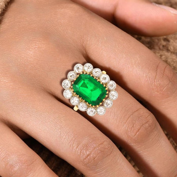 1ct Halo Emerald Cut Emerald Flower Engagement Ring