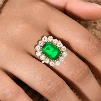 1ct Halo Emerald Cut Emerald Flower Engagement Ring