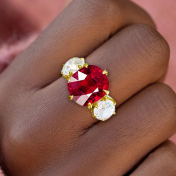 6ctw Cushion Cut Ruby Three-Stone Engagement Ring