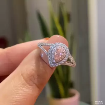 1.35ct Double Halo Pink Pear Cut Engagement Ring