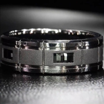 Princess Cut Black Sapphire Men's Ring in Black Plating