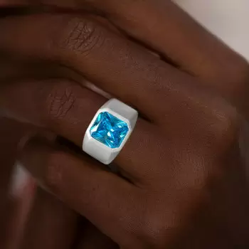 6.8ct Radiant Cut Blue Zircon Sandblasted Men's Ring