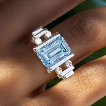 5.3ct Emerald Cut Aquamarine Mechanical Men's Ring