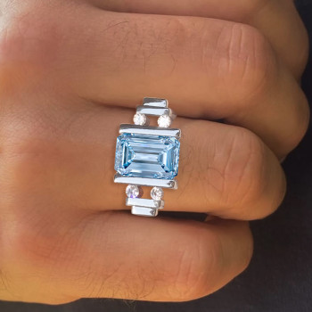 5.3ct Emerald Cut Aquamarine Mechanical Men's Ring