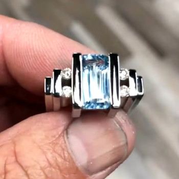 5.3ct Emerald Cut Aquamarine Mechanical Men's Ring