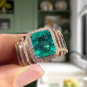 6ct Emerald Cut Emerald Halo Paved Cocktail Ring