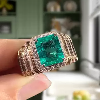 6ct Emerald Cut Emerald Halo Paved Cocktail Ring