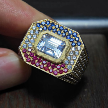 9ctw Emerald and Round Cut Multicolor Sapphire Bold Men's Ring