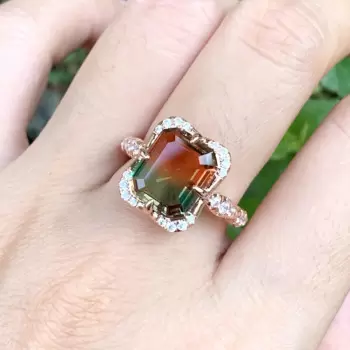 6ct Emerald Cut Bicolor Tourmaline Engagement Ring