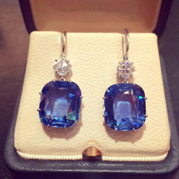 20ctw Cushion Cut Blue Sapphire Drop Earrings