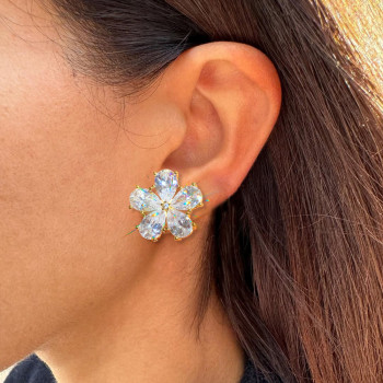 7.5ct Pear Cut White Sapphire Flower Stud Earrings in Gold
