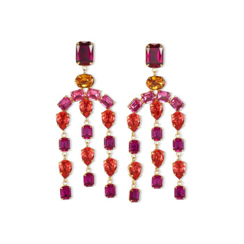 28ctw Pear Cut Orange Sapphire and Ruby Statement Chandelier Earrings