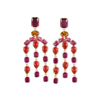 28ctw Pear Cut Orange Sapphire and Ruby Statement Chandelier Earrings