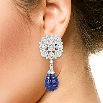 40ctw Invisible Set Blue Sapphire Vintage Drop Earrings