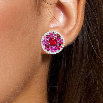 6ctw Pink Sapphire and Ruby Clustered Flower Stud Earrings